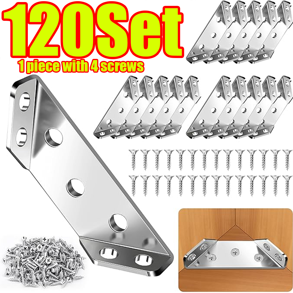 Woodworking Shop - ชุดเชื่อมต่อมุมเฟอร์นิเจอร์ 1-120 ชิ้น ข้อต่อมุมสแตนเลสสำหรับตู้ ชุดอุปกรณ์ยึดมุมชั้นวางของ พร้อมสกรู