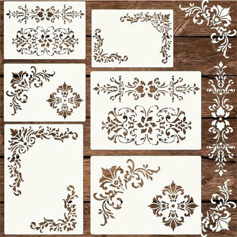 Woodworking Art - ลายฉลุลายดอกไม้ 6 ชิ้น สำหรับงานเพ้นท์ ลายฉลุลายดามัสก์แบบวินเทจ สำหรับงาน