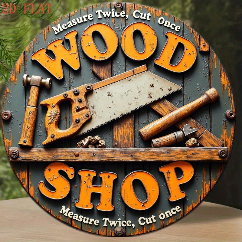 Woodworking Art - ป้ายโลหะทรงกลมขนาด 8 นิ้ว สไตล์วินเทจ 2 มิติ